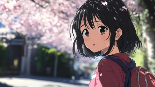 Anime spring street portrait under soft sakura bokeh light.