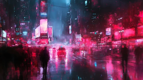 Neon-saturated rainy megacity corridor with diffuse silhouettes.