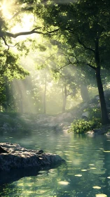 Luminous forest stream with atmospheric light penetration.