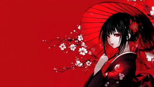 Red kimono girl with umbrella and cherry blossoms illustration.