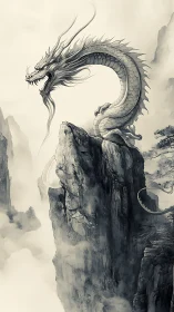 Ink-wash dragon coiled on misted cliffs in vertical composition.