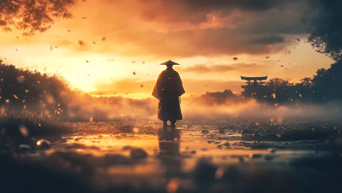 Solitary wanderer greets a glowing river at misty sunrise