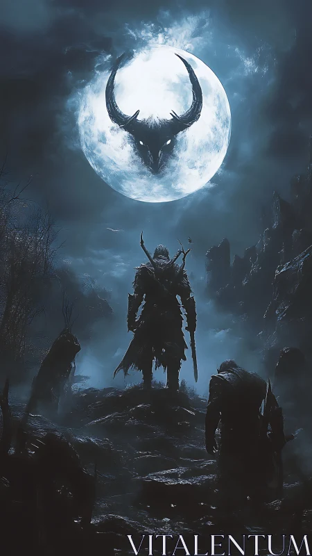Warrior confronts horned demon moon above haunted pass.