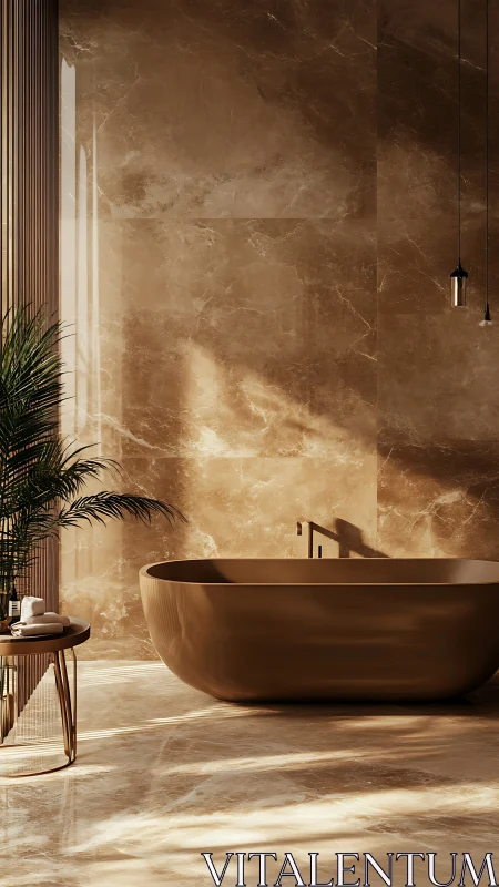 Brown freestanding bathtub stands in marble bathroom light