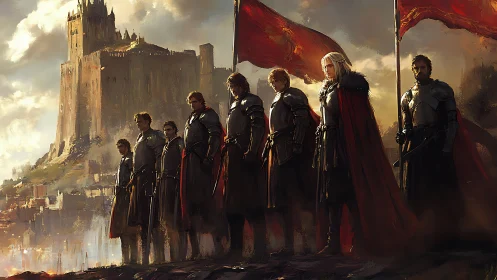 Knightly vanguard before stormlit cliffside fortress walls.