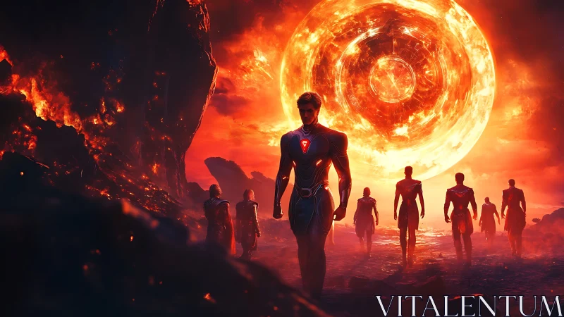 Stellar sentinels traverse volcanic exoplanet under radiant star.