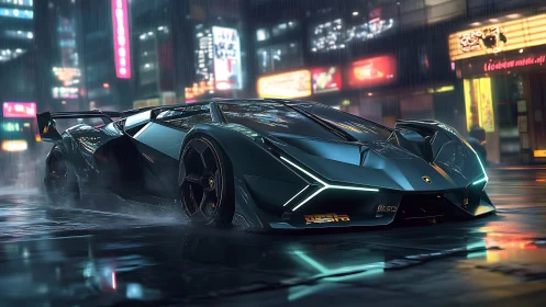 Futuristic supercar rendered on wet neon lit city street