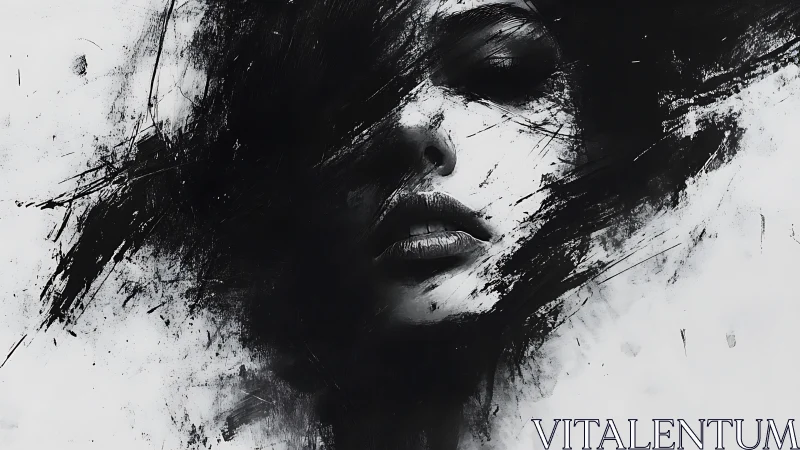 Abstract monochrome portrait dissolving into black brushstrokes.