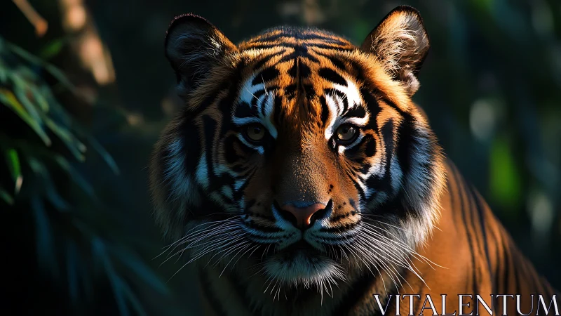 Tiger portrait under dappled jungle light in shadowed habitat.