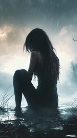 Quiet reflection beside rain-soaked water at dusk.