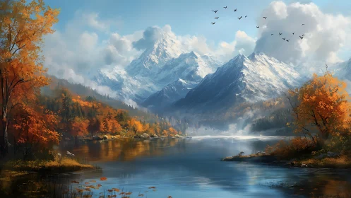 Golden autumn lake beneath bright snowcapped mountains.