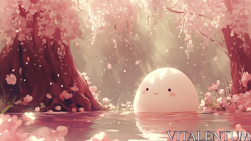 Kawaii marshmallow spirit beneath luminous cherry blossoms.