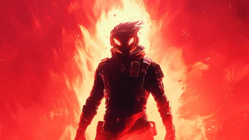 Fiery masked hero steps forward through blazing red light