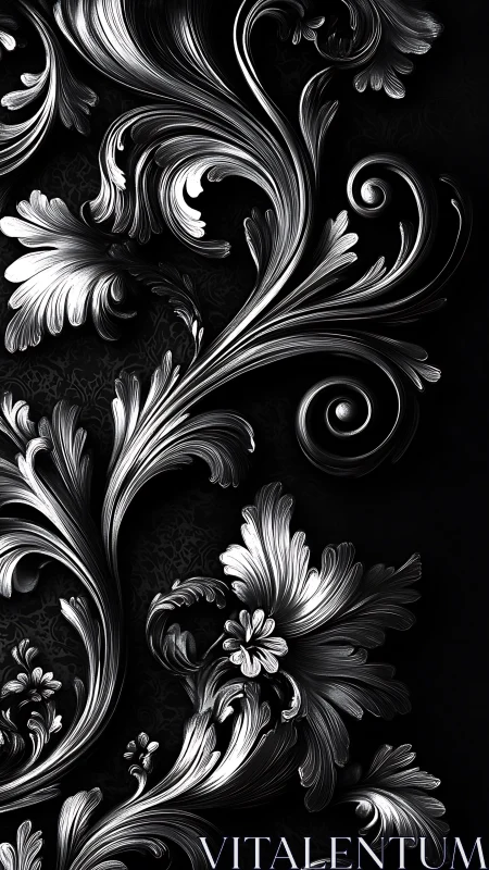 Baroque silver floral scrollwork forms on deep black ground