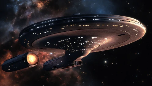 Large disk-shaped spacecraft moves through dense starfield