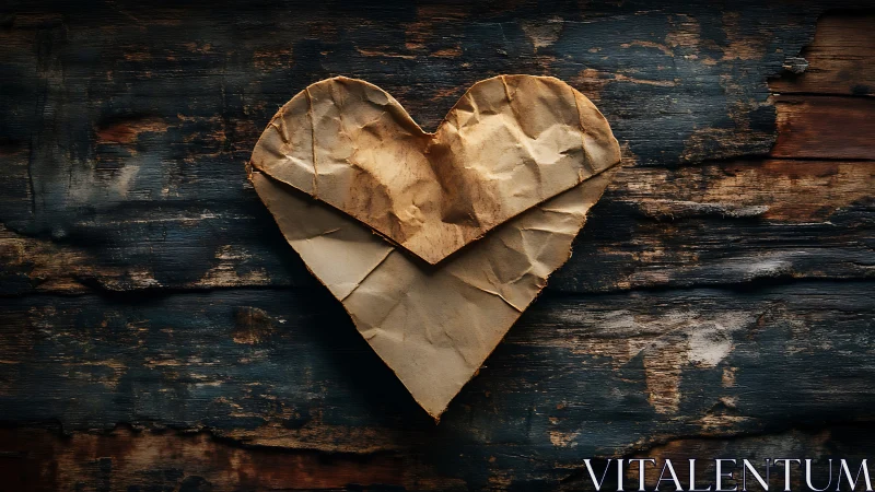 Crumpled Paper Heart on Weathered Wood Surface.