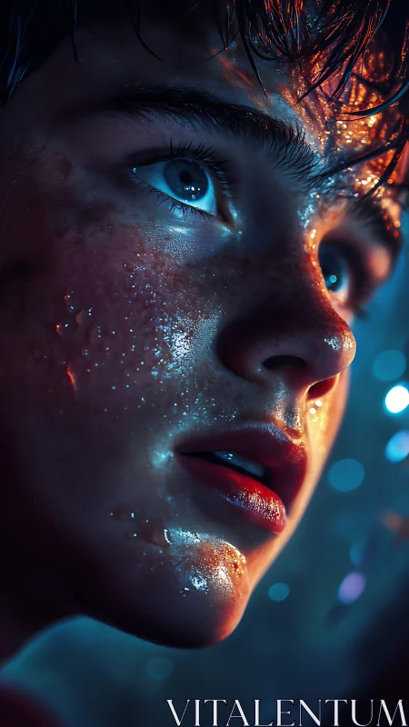 Cinematic close-up portrait renders neon-lit reflective skin