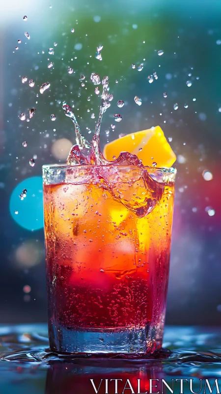 Vibrant Layered Splash: Tropical Drink in Dynamic Motion.