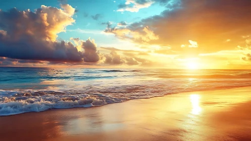 Sunlit tide polishes the shore in molten morning color