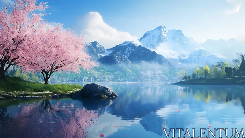 Digital landscape with cherry trees and alpine lake reflection.