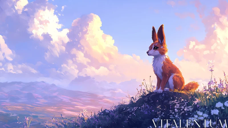 Anthropomorphic fox-hare hybrid observes dusk-lit alpine meadow