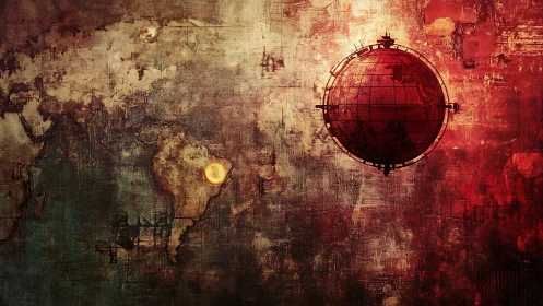 Rust-red world map collides with glowing digital globe.