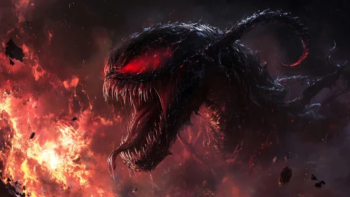 Colossal demonic creature emerging in cosmic inferno.
