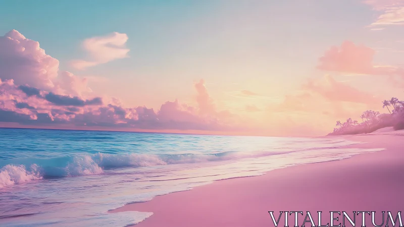 Pastel sunset shoreline with luminous gradient sky rendering.