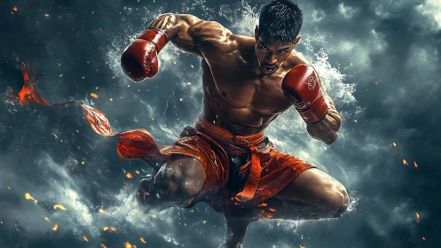 Dynamic Muay Thai fighter in explosive action composition.