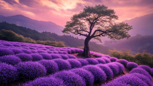 Solitary tree watching over sunlit purple lavender hills.