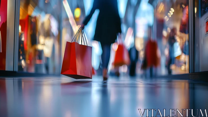 Shallow depth of field view of shopper with red retail bags