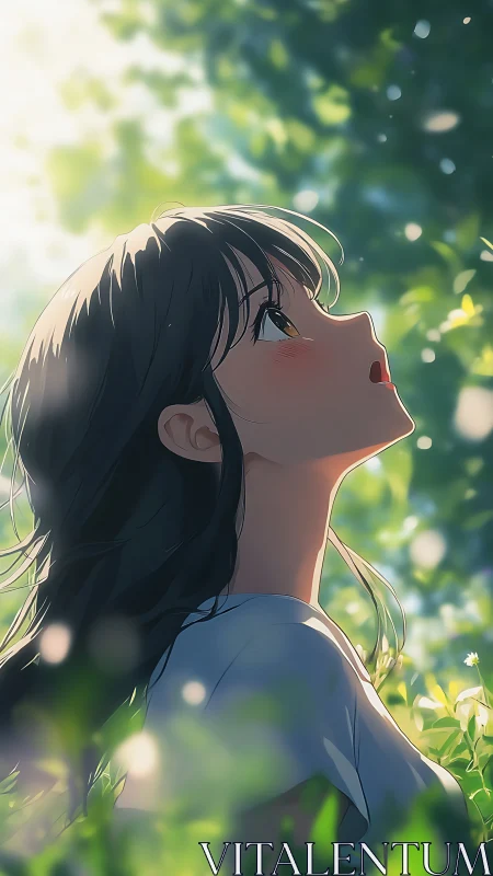 Sunlit daydream with a gentle girl beneath soft green leaves.