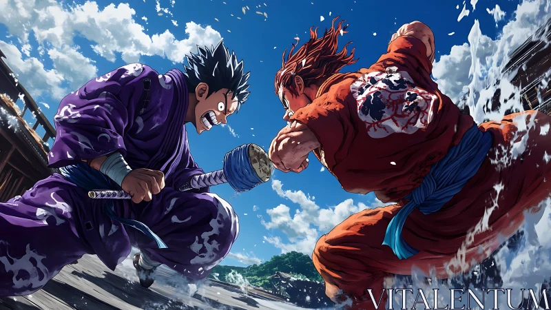 Storm-splashing dojo duel freezes mid-strike on the pier.