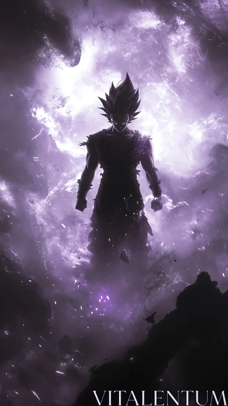 Silhouetted warrior ascends through electrified violet nebula