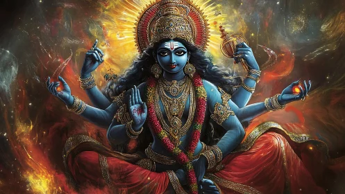 Blue four-armed goddess radiates cosmic fiery power
