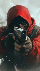 Hooded marksman in red coat aims handgun with strong foreshortening