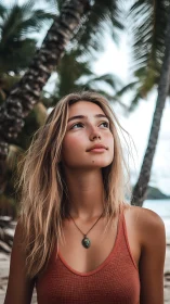 Sunlit beach portrait captures serene upward gaze mood.