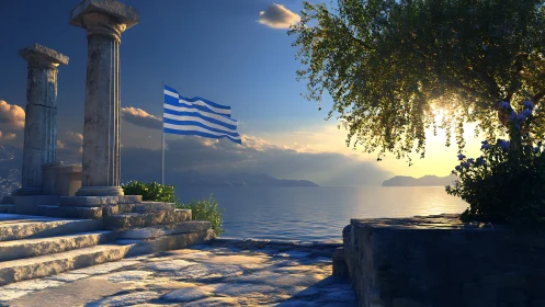 Sunlit Greek ruins salute a flag over glassy Aegean waters.