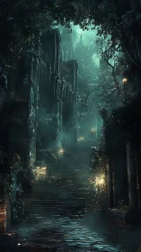Moonlit ivy climbs forgotten stairs toward sleeping spires