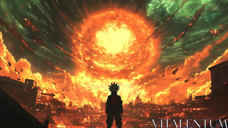 Silhouetted figure observes large fiery vortex above city