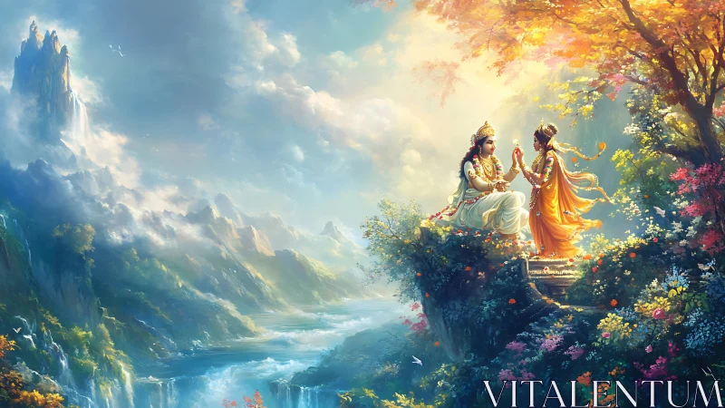 Serene divine meeting above a luminous river valley.