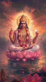 Divine figure meditates on pink lotus above reflective water