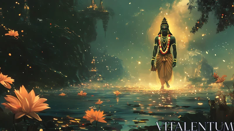 Divine figure crossing lotus pond in luminous digital painting.