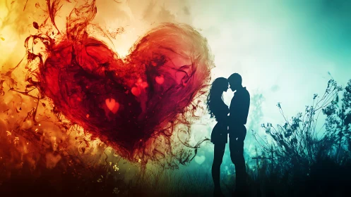 Lovers' Silhouette Against Liquid Heart Form.