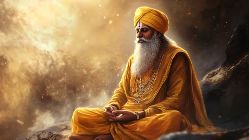 Golden-robed mountain sage adrift in silent cosmic hush.