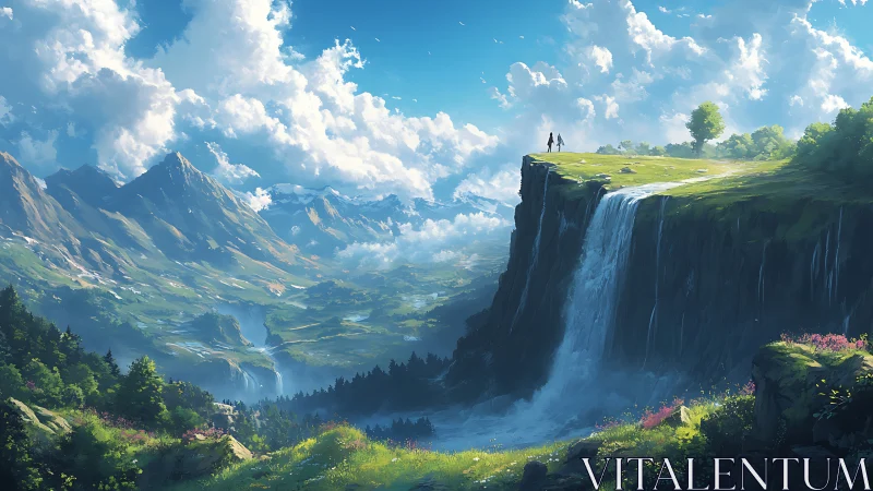 Strolling together above a bright, misty mountain waterfall.