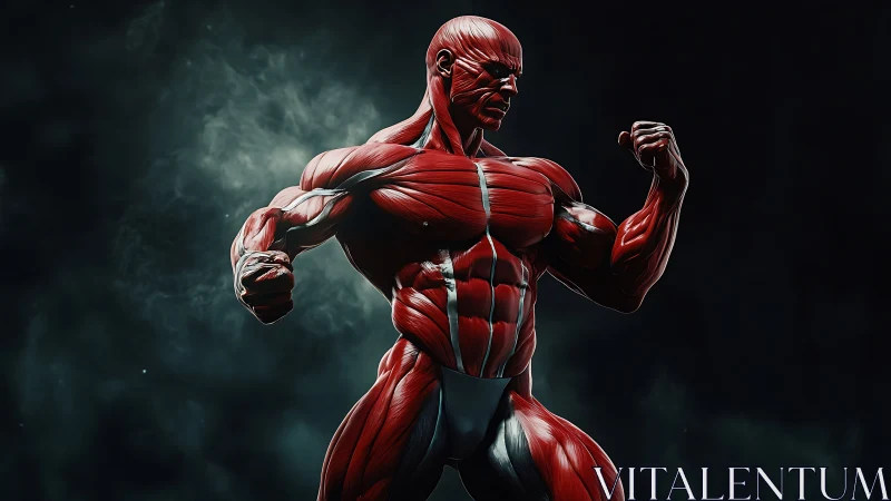 Powerful muscle figure stands strong in a dramatic dark void