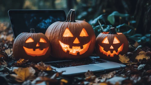 Carved jack-o-lanterns arranged on laptop in leaf litter.