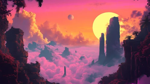 Vivid alien cliffs rising above dense pink cloud sea.