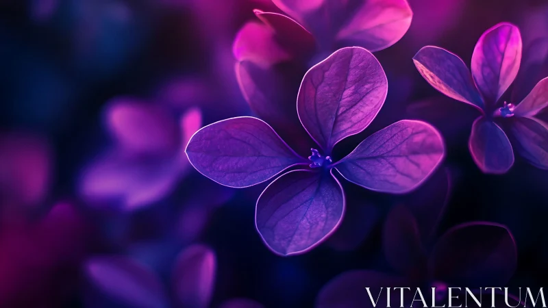 Macro spectral hydrangea petals in neon bokeh field.